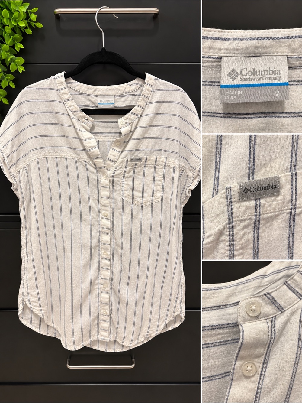 Columbia White and Blue Striped Short-Sleeve Button-Front Top